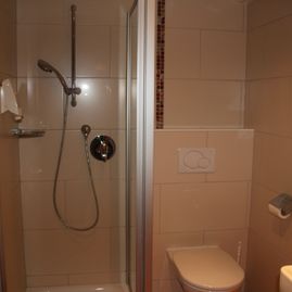 Blick in das Badezimmer bzw. direkt auf die Duschkabine mit Glasabtrennung und daneben die Toilette. Die Farben sind in beige gehalten