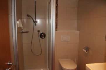 Blick in das Badezimmer bzw. direkt auf die Duschkabine mit Glasabtrennung und daneben die Toilette. Die Farben sind in beige gehalten