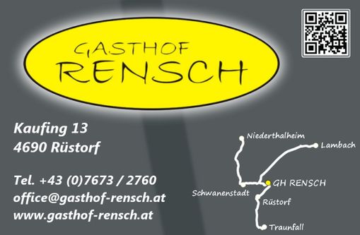 Visitenkarte des Restaurants in Grautönen und gelbem Oval, in dem Gasthof Rensch steht